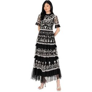 Maya Deluxe Midi-jurk voor dames - Geborduurde baljurk met ruches - Voor bruiloft, gast, eindejaarsbal, gelegenheid damesjurk (1 stuk), zwart.