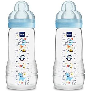 Mam Easy Active 2 x babyfles met zuiger, maat 3 (snelle debiet), voor baby's vanaf 4 maanden, 330 ml, lichtblauw