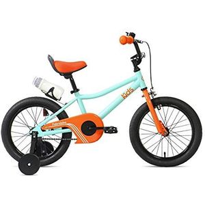 FabricBike Kinderfiets met pedalen voor jongens en meisjes, afneembare trainingswielen, remmen, 12- en 16-inch wielen, 4 kleuren (Aqua & Orange, 16 inch: 3-7 jaar (lengte 96 cm - 120 cm)