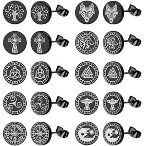 ADRAMATA 10 paar oorbellen voor heren, Viking, 10 mm, roestvrij staal, nep, afstandhouder, oorpiercing, kraakbeen, tragus, oor, zwart, oorbellen voor mannen en vrouwen, Roestvrij staal