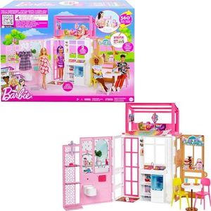 Barbie HCD47 Poppenhuisset met 360 graden speelruimte, 2 niveaus en 4 speelzones, puppy's en accessoires inbegrepen, om te verzamelen, speelgoed voor kinderen, van 3 tot 7 jaar
