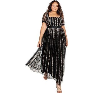 Maya Deluxe Maxi-jurk voor dames, met pailletten, vierkante hals, hoge taille, A-cut evening, jurk voor bruiloft, gasten, zwart, kleding voor dames, zwart.