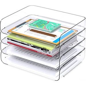 Tomorotec Set van 4 transparante stapelbare brievenbakjes van PET - A4-formaat - Office Document Organizer - Boekenhouder - Antislip zijbelasting