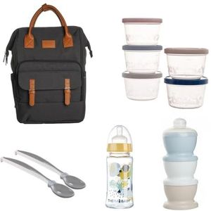 THERMOBABY - Luiertas met accessoires inbegrepen - Praktische rugzak - 5 voorraaddozen - Ergonomische lepels - Glazen fles en melktransportbox - Complete set voor ouders
