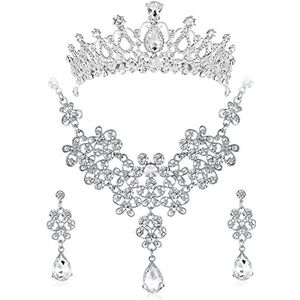 Darryy Bruidssieraden, 4-delige sieradenset voor bruiloft, sieraden set, sieraden set voor bruiloft, halskettingen, oorbellen en kransen, strass-steentjes, Legering, Diamant