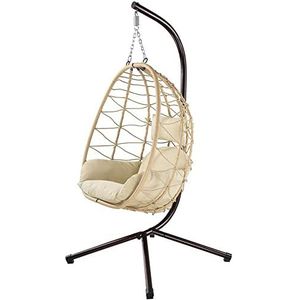 Bakaji Tuinhangstoel, schommelstoel voor buiten, metalen frame, rotan nest en touw + gevoerd kussen en hoofdsteun, modern design, 198 x 110 x 95 cm (beige)