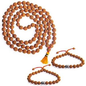 Wonder Care authentieke Rudraksh Mala-5face 108 + 1 kralen - echte Himalaya Rudraksha zaden religieuze Ornament rozenkrans Japa Mala ketting - geïmporteerd uit Nepal & 2 pc Bracelets