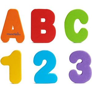 Munchkin 36 stuks letters en cijfers van schuim voor het leren van babybaden, stickers op tegels en porselein, creatief badspeelgoed voor peuters, afneembaar badspeelgoed voor