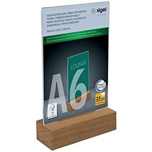 SIGEL TA252 Tafelstandaard voor A6, verticaal, acryl, met basis van eikenhout, verticaal