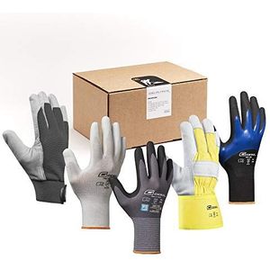 Gebol GOO Nitril werkhandschoenendoos met noppen, leren handschoenen, nylon handschoenen, tuinhandschoenen en 1 veiligheidsbril, voor heren, maat XL (10), 8 paar