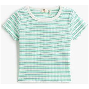 Koton T-shirt en coton à manches courtes et col rond pour fille, Green Stripe (7s6), 6-7 ans