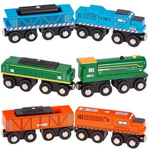 Battat BT2708Z - Trainset van hout – 3 sets locomotief en wagon – blauw, groen, oranje – magnetisch – vanaf 3 jaar