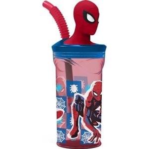Marvel Blauw en rood kinderglas van kunststof, Spiderman, 360 ml, met rietje en 3D-figuur van het figuur