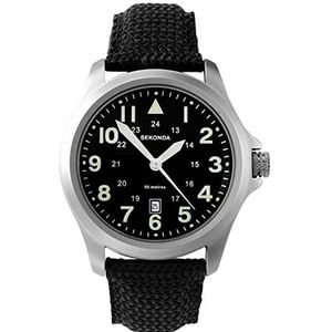 Sekonda Heren 43 mm Wingman Pilot Style Watch met datumvenster en nylon band, 50 m, waterbestendig, zwart, riem, zwart., Riem