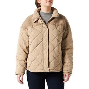 Urban Classics Dames winterjas gewatteerde jas geruit met opstaande kraag en sherpa element, oversized pasvorm, XS-5XL, Kleur: Taupe