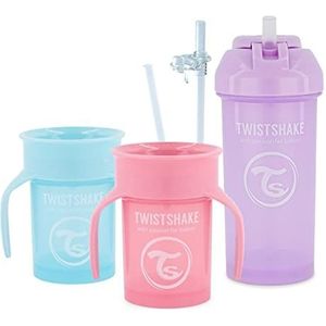 Twistshake Set drinkbekers voor baby's, 3-delig, 2 bekers 360-1 beker met rietje, bevat 2 extra rietjes en een waterdichte afdichting, trainingsbeker, BPA-vrij, roze blauw