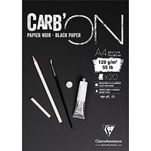 Clairefontaine 975039C Block Carb'on, 20 vellen, tekenpapier, zwart, A4, 21 x 29,7 cm, 120 g, ideaal voor tekenen en schetsen met potlood of markers, wit