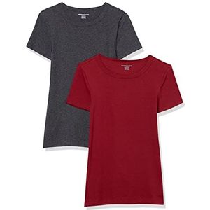Amazon Essentials Set van 2 T-shirts voor dames met korte mouwen en ronde hals, slim fit, antraciet gemêleerd/wijnrood, maat S