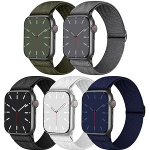 5 stuks elastische bandjes compatibel met Apple Watch 41 mm, 40 mm, 38 mm, 45 mm, 44 mm, 42 mm, nylon gevlochten bandjes voor Apple Watch 9/SE/8/7/6/5/4/3/2/1, 38 mm/40 mm/41 mm, metaal
