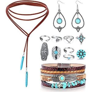 ORAZIO 13 stuks lange suède choker kettingen met boho turquoise hanger oorbellen boho lederen bungelende oorbellen met stapelbare knokkelringen voor dames, Leder Stof Turquoise leer, Turkoois