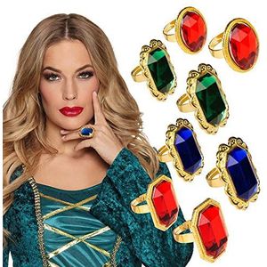 Boland 00636 – set met 8 ringen, modesieraden, kleurrijke stenen, goud, in grootte verstelbaar, keizerlijke feeëntjes, accessoires, kostuum, carnaval, feest met thema's: