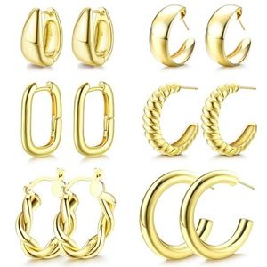 JeweBella 4/6 paar dikke gouden cirkel oorbellen voor vrouwen meisjes 14K verguld hypoallergeen gevlochten cirkel oorbellen grote huggie cirkel oorbellen grote sets, Witgoud