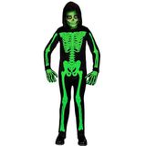 Widmann - Kinderkostuum skelet overall met capuchon, neongroen, schijnt onder UV-licht