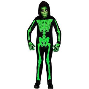Widmann - Kinderkostuum skelet overall met capuchon, neongroen, schijnt onder UV-licht