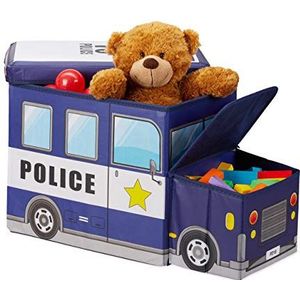 Relaxdays Opbergkist voor kinderen met deksel, speelgoed, opvouwbaar, politie, opbergruimte, jongens en meisjes, 50 liter, donkerblauw