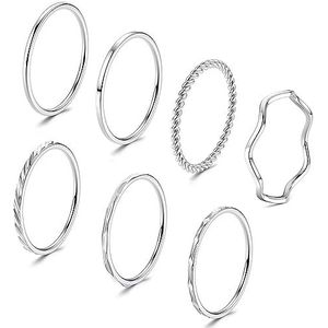 JeweBella 7 stuks damesringen, roestvrij staal, 1 mm, dun, knobbelringen, midi-ringen, twist, effen, stapelbaar, zilver, minimalistisch, duimring, set voor vrouwen en meisjes, Roestvrij staal