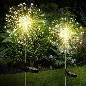 Set van 2 tuinlampen op zonne-energie, tuindecoratie, 120 leds, vuurwerk, zonnestopcontact, paardenbloem, IP65 waterdicht, voor buiten, terras, gazon, vaste decoratie (8 modi)