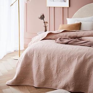 ROOM99 Leila Elegante poederroze sprei 170 x 210 cm veelzijdig inzetbaar als bedsprei of bankdeken, deken voor bed en bank, sprei in patchwork-stijl, ideaal als