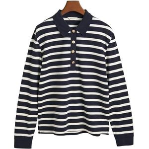 GANT Breton Stripe LS Pique Polo, Bleu nuit, L