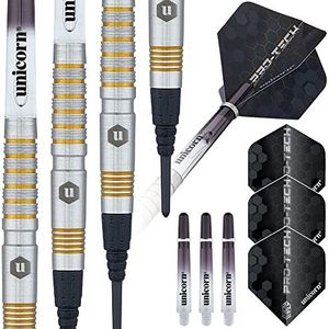 UNICORN Pro-Tech Style 2 dartset, 70% natuurlijk wolfraam lichaam met gouden accenten, Epic zachte punten, 17 g