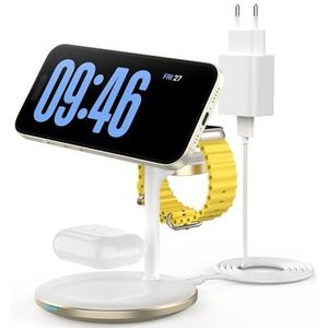 3-in-1 draadloos laadstation voor meerdere apparaten, Mag-Safe 15 W draadloze oplaadstandaard voor iPhone 15 14 13 12 Pro Max/Plus/Pro, Mag Safe oplader voor iWatch Ultra 2.1, Series 9, goud