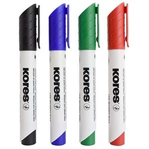 Kores - K-Marker XW2: Kleurmarker voor whiteboard met afgeschuinde punt, droog afwisbaar en geurarme inkt, school- en kantoorbenodigdheden, 4 verschillende kleuren