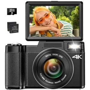 4K digitale camera voor fotografie, 48 MP autofocus voor YouTube met 16 x digitale zoom, 3 inch 180° klapscherm, compacte videocamera met afneembare flitser, SD-kaart en 2 batterijen