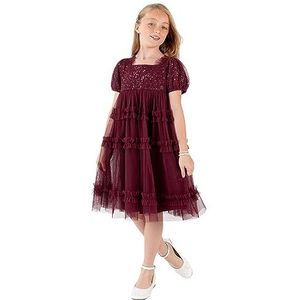 Maya Deluxe Girl's Midi Dress Pailletten Verfraaid Short Sleeves Party Tutu Ruffles Frilly Bridesmaids Wedding Kids Kids Jurk Meisjes, Rode bessen