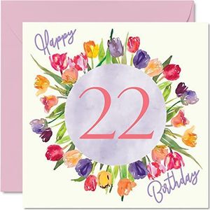 Mooie wenskaart voor de 22e verjaardag voor vrouwen – aquareltulpen – verjaardagskaart voor dochter, tante, zus, vriendin, 145 mm x 145 mm – mooie bloemen-wenskaart