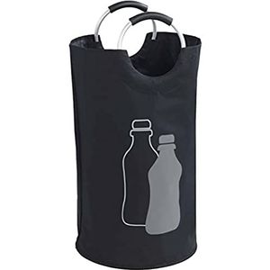 WENKO Jumbo flessenverzamelaar, 69 liter, flessenzak met decoratief motief en zachte aluminium handgreep voor eenvoudig transport van lege flessen, 100% polyester, 38 x 72 cm, zwart