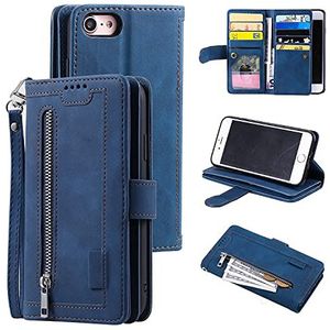 UEEBAI Portemonnee Case voor iPhone 6 Plus iPhone 6S Plus, Retro 9 Kaarthouder Slots Rits Pocket Handtas Case PU Lederen Magnetische Sluiting Kickstand met Polsband TPU Shockproof folio Case - Blauw