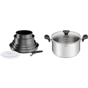 Tefal Kookpan 24 cm (5 l) glazen deksel, inductie, hoogwaardig roestvrij staal, receptenboek, Primary E3084604