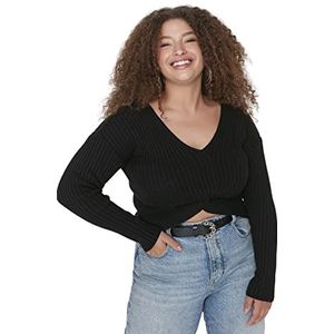 Trendyol Normale V-hals, plus-maat, trui, gebreide tuinbroek, dames, zwart, 3XL, zwart.