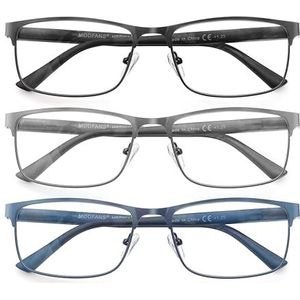 MODFANS 3 paar leesbrillen 3.0 voor heren, anti-blauw licht, rechthoekig montuur van metaal, roestvrij staal, bril, vergrootglas, zwart-grijs-blauw
