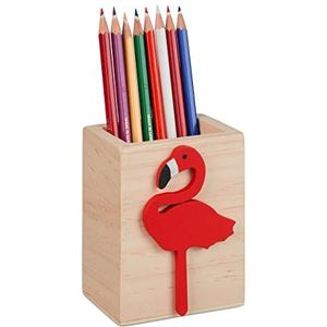 Relaxdays Houten flamingo-potloodhouder, H x B x D: 10 x 8 x 6 cm, pennenetui voor kinderen, voor kantoor, penseelhouder, natuur/rood