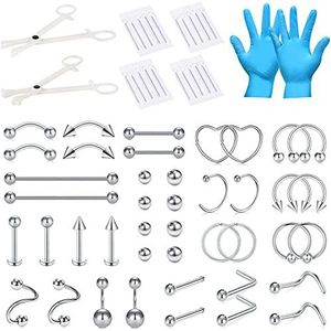 NIUSIMAN 66-113-delige piercingset van chirurgisch staal, retainer met klemhandschoenen, gereedschapsset voor lichaamspiercing, navel, tong, tepel, wenkbrauw, lip, septum, neus, oorpiercing, Roestvrij