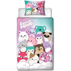 Character World Squishmallows Beddengoedset voor eenpersoonsbed, omkeerbaar, dubbelzijdig, met bijpassende kussensloop, perfect voor kinderkamer, polykatoen