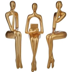 XINXUAN Set van 3 gouden beelden voor woondecoratie, woonkamer, plank, boekenkast, kantoor, tafeldecoratie