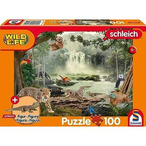 Wild Life, Im Regenwald, 100 stukjes, met add-on (een originele figuur krokodiljunges): Kinderpuzzel Schleich met add-on
