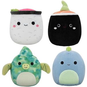 Squishmallows JPT0791 Set van 4 klein pluche speelgoed voor honden, dinosaurus en sushi, 8,9 cm, meerkleurig